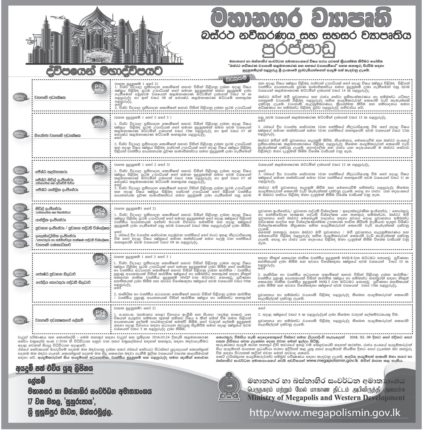 Director, Deputy Director, Senior Manager, Engineer (Civil, Mechanical), Transport Engineer/Transport System Analyst, Electronic Engineer/ICT System Analyst, Accountant, Transport Officer, GIS Officer, Secretary - Ministry of Megapolis & Western Development